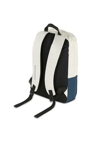 Mochila de tela gris claro con parte trasera de malla negra, correas ajustables y un panel acentuado en azul. Cuenta con un asa en la parte superior.