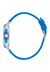 Sinine silikoonkell hõbedasest roostevabast terasest korpusega, ulatusliku krooniga ümar nägu. Sile pind ja reguleeritav rihm.