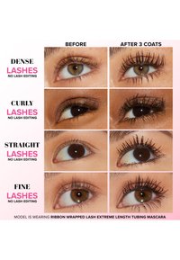 Vier oogafbeeldingen vergelijken voor en na het aanbrengen van de ribbon-wrapped lash extreme length tubing mascara, waarbij verschillende wimpertypes worden getoond: dicht, krullend, recht en fijn.