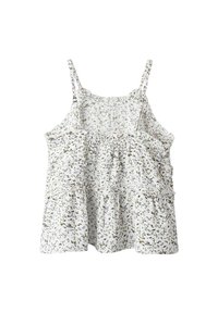 Top con spalline sottili di colore bianco con un design a strati e dettagli arricciati. Il motivo include piccoli fiori viola e verdi.