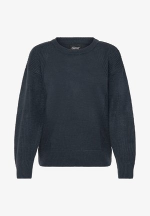 Pull en maille bleu marine avec un col rond, des panneaux d'épaule texturés, des bords-côtes aux poignets et à l'ourlet, fabriqué à partir d'un matériau doux et respirant.