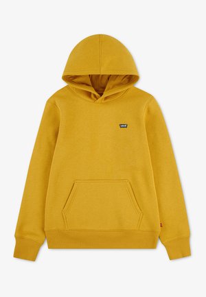 Musztardowa bluza z kapturem z przednią kieszenią typu kangur, długimi rękawami i małym logo Levi's na lewej piersi.