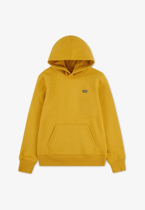 Musztardowa bluza z kapturem z przednią kieszenią typu kangur, długimi rękawami i małym logo Levi's na lewej piersi.