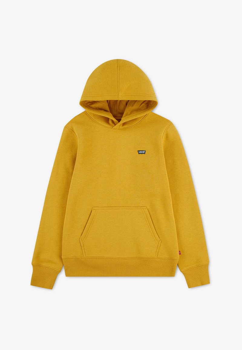 Sweat à capuche jaune moutarde avec poche kangourou à l'avant, manches longues et petit logo Levi's sur la poitrine gauche.