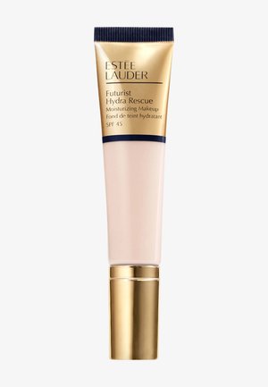 Estee Lauder Futurist Hydra Rescue dans un tube beige doux avec un bouchon doré. Comprend un SPF 45 et un texte imprimé sur le tube.