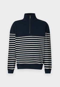 Navy sweatshirt with high collar, front zip, and white horizontal stripes. Cotton blend fabric, ribbed cuffs, and hem, featuring a side pocket.