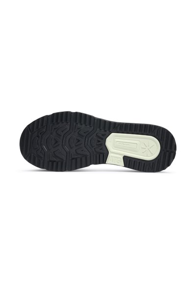 Rubber shoe sole with a textured black surface, incorporating a light gray accent and patterns of deep grooves for traction.
