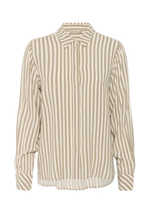 Beige ja kreemi vertikaalsete triipudega üles nööbitav särk klassikalise kraega, pikkade varrukatega ja kumerate servadega. Pehme kangast tekstuur.