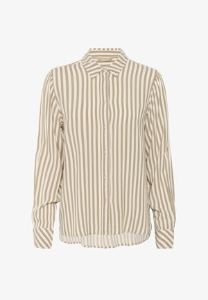 Beżowa i kremowa koszula z pionowymi paskami, z klasycznym kołnierzykiem, długimi rękawami i lekko zaokrąglonym dołem. Miękka tekstura materiału.