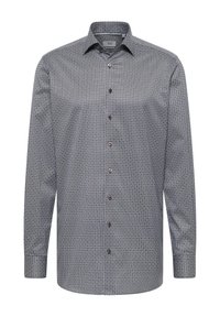 Langarm overhemd met een blauw-wit patroon, voorzien van een spread collar, bruine knopen en een zachte stofstructuur.