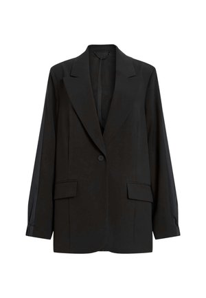 Blazer nero con chiusura a un bottone, rever a notched e due tasche frontali. Realizzato in un tessuto liscio con maniche lunghe.