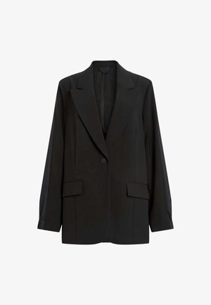 Černý blazer s jednobotovým zapínáním, klopovými límci a dvěma předními kapsami. Vyroben z hladké látky s dlouhými rukávy.