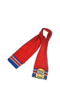 Rode sjaal van zacht materiaal met blauwe en grijze gestreepte accenten. Aan één uiteinde bevindt zich een bedrukt ontwerp van een cartoonfiguur met een bril.