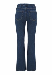 Dermihousut, joissa on joustava vyötärö, tummansininen väri, viisi taskua ja kontrastivärinen keltainen ommel saumoissa.