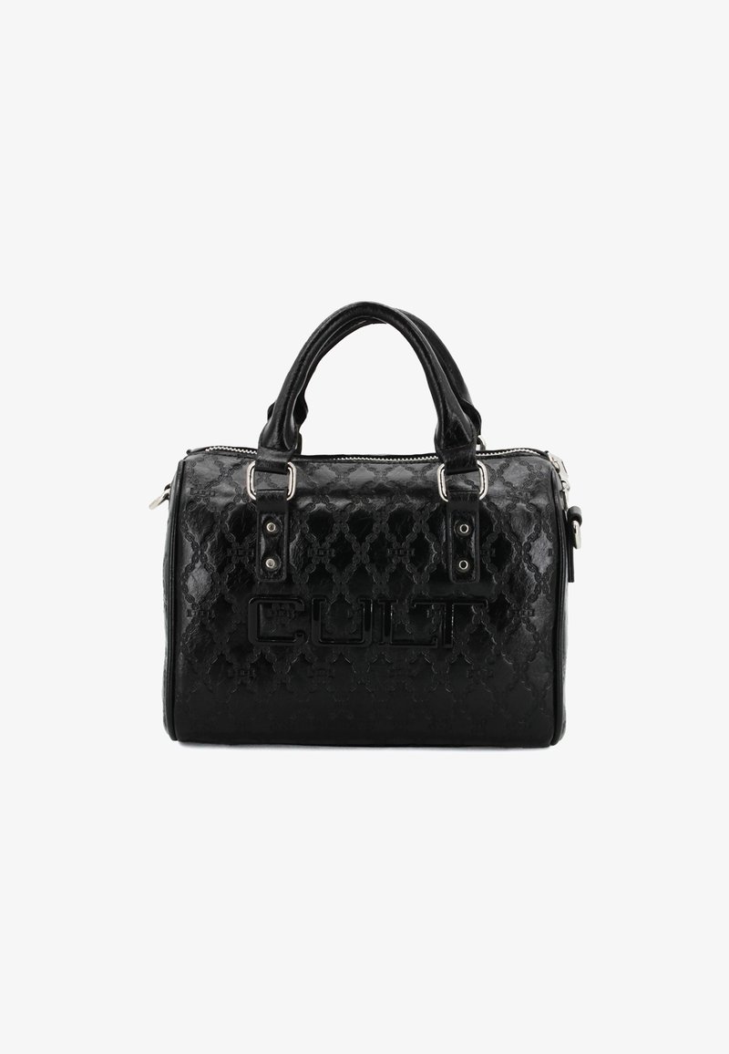 Borsa nera realizzata in pelle texturizzata, con chiusura a zip, doppio manico superiore e logo embossato sul davanti.