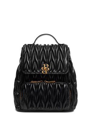 Black quilted leather backpack with front pocket, top handle, gold-tone logo, and zipper details.