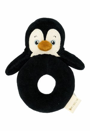 Zachte zwarte babyrammelaar in de vorm van een pinguïn met oranje snavel, wit gezicht en een cirkelvormig lichaam met een gat in het midden.