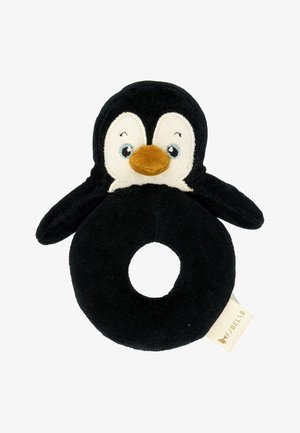 Zachte zwarte babyrammelaar in de vorm van een pinguïn met oranje snavel, wit gezicht en een cirkelvormig lichaam met een gat in het midden.