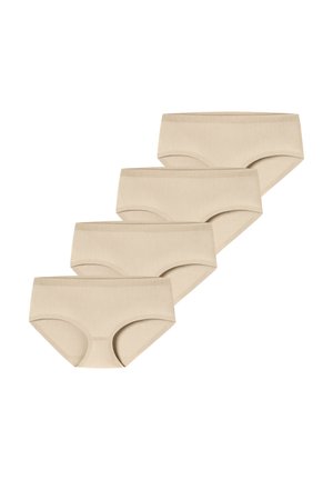 Fire beige sømløse dames hipster undertøj lagt i en skiftevis stak på en hvid baggrund.