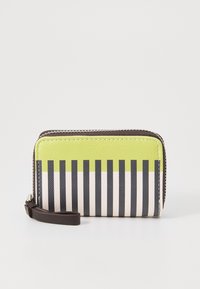Zippered wallet in textured leather, featuring vertical green, black, and white stripes. Brown wrist strap attached, compact design.