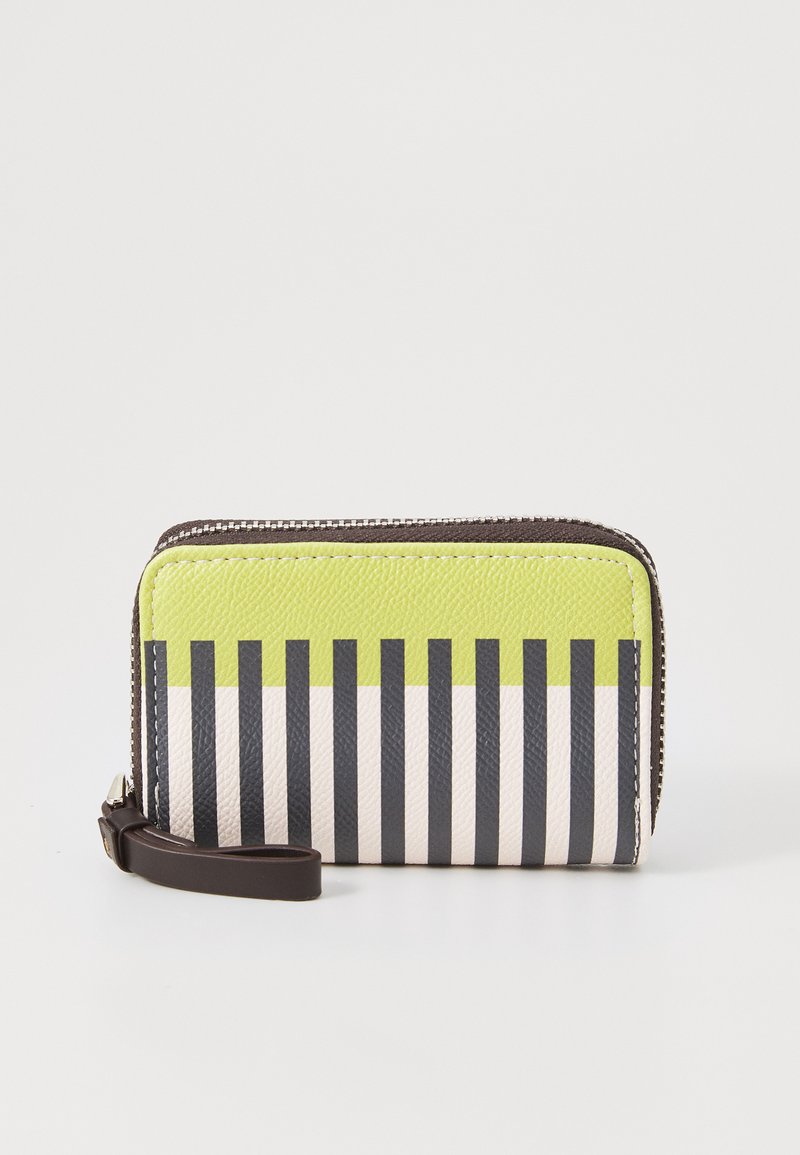 Zippered wallet in textured leather, featuring vertical green, black, and white stripes. Brown wrist strap attached, compact design.