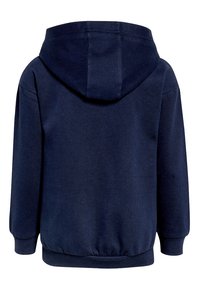Námořnický modrý mikina s kapucí, vyrobená z texturované tkaniny, s žebrovanými manžetami a lemem. Disponuje velkou kapucí a jednoduchým designem bez viditelného loga.