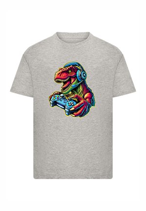 Gray cotton t-shirt featuring a colorful, graphic print of a dinosaur wearing headphones and holding a game controller.