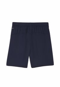 Pantalones cortos deportivos de color azul marino fabricados con un material liviano, con una cinturilla elástica y una textura simple y suave. Sin bolsillos visibles ni acentos.