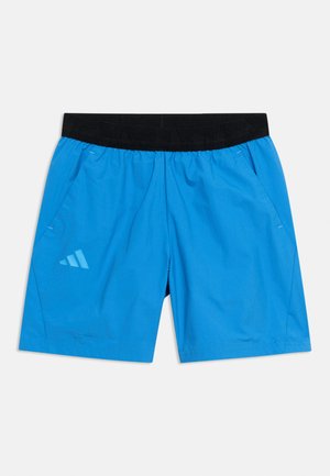 Sinised spordipüksid musta elastse vöökohaga, kahe küljetaskuga ning vasakul sääril peegeldav Adidas logo.