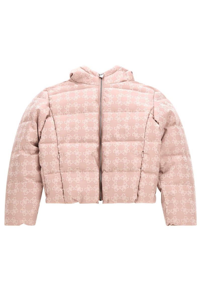 Trumpas pūkinis švarkas šviesiai rožinės spalvos, su kreminės spalvos logotipų raštu, užtrauktuko priekyje ir gobtuvu. Yra paminkštinta tekstūra ir ilgos rankovės.