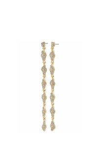 Garas zelta tonī, garas auskari ar saistītām neregulārām formām, katra izrotāta ar mazām skaidrām rhinestones.