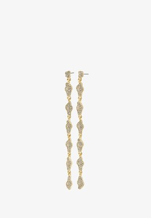 Long gold-tone drop earrings with linked irregular shapes, each encrusted with small clear rhinestones.