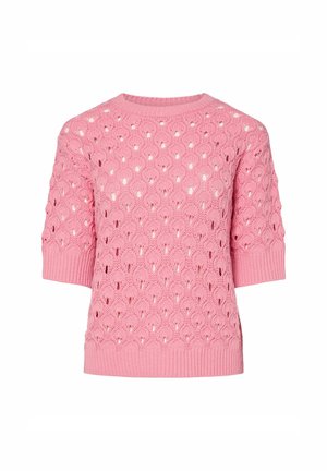 Adīts rozā džemperis ar īsām piedurknēm, kas izceļas ar rakstainu atvērtas lentas dizainu un ribinātām piedurknēm un apakšmalu, piešķirot papildu tekstūru.