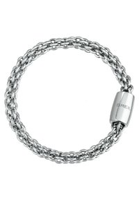 Silver bracelet made of interlinked chains with a smooth, polished clasp featuring the brand name "BREIL." Textured, contemporary design.