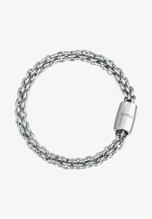 Zilveren armband gemaakt van onderling verbonden kettingen met een gladde, gepolijste sluiting met de merknaam "BREIL." Geverfde, hedendaagse ontwerp.