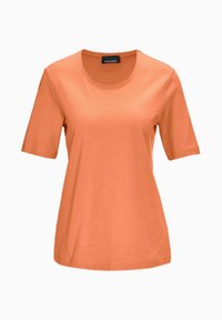 Korte mouwen, ronde hals t-shirt in koraaloranje, gemaakt van gladde katoenstof, met een ontspannen pasvorm en eenvoudige stikdetails.