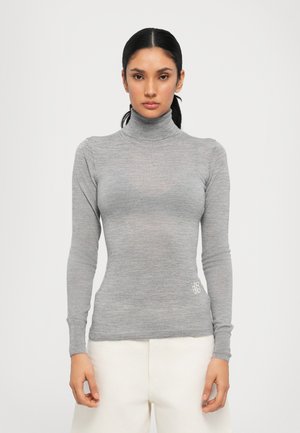 Gray turtleneck top made of a lightweight, fitted material, featuring long sleeves and a subtle logo detail at the hem.
