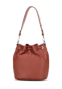 Brązowa torebka typu bucket z fakturowanej skóry, zaciągana u góry, z regulowanym paskiem na ramię i srebrnymi akcentami.