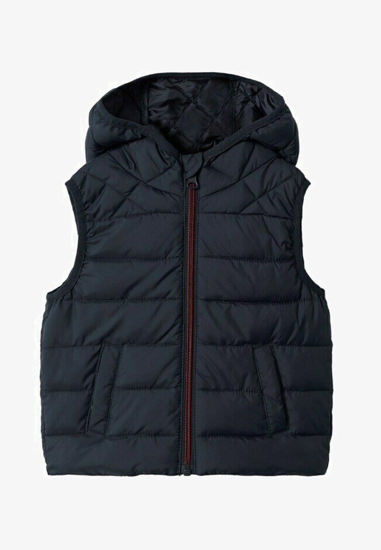 Navy blue padded vest with a hood, front zipper, and two side pockets; features a quilted design and smooth texture.