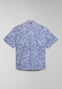 Korte mouw button-up shirt met een blauw-wit bloemenpatroon en rode accenten, vervaardigd uit lichtgewicht stof, met een platte kraag.