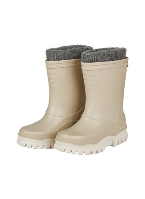Beige rubber boots with a textured gray knit upper. Features a thick, white sole and ridged sides for traction.