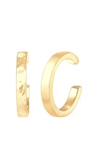 Gold-toned earrings featuring a textured band and a smooth loop design. Rounded edges and minimalist shape create a refined look.