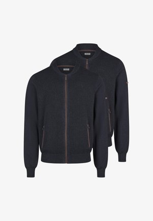 Twee donker marineblauwe gebreide jacks met rits, geribbelde boorden, kraag en zoom, met ritssluitingen op de voorkant, afgebeeld tegen een witte achtergrond.