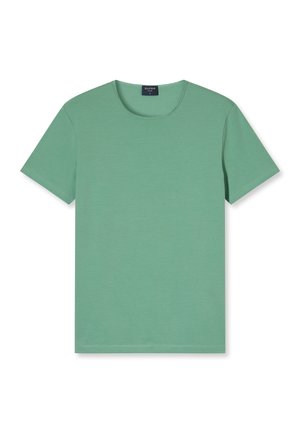 Grünes Baumwoll-T-Shirt mit rundem Halsausschnitt und kurzen Ärmeln. Glatte Textur, schlichtes Design ohne Muster oder Akzente.