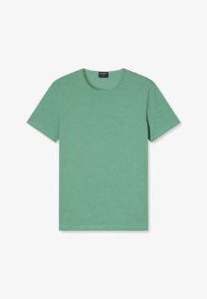 Grünes Baumwoll-T-Shirt mit rundem Halsausschnitt und kurzen Ärmeln. Glatte Textur, schlichtes Design ohne Muster oder Akzente.