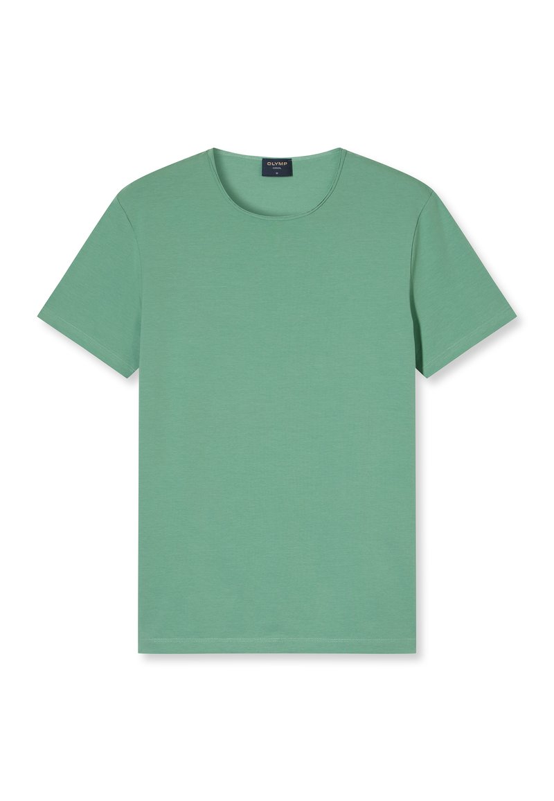 Green cotton T-shirt with a round neckline and short sleeves. Smooth texture, plain design without patterns or accents.