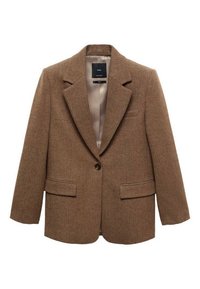 Blazer marron à un bouton avec revers crantés, deux poches avant à rabat et doublure intérieure lisse.