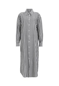 Robe mi-longue à manches longues avec des rayures verticales blanches et grises, devant boutonné, col pointu et manches avec poignets.