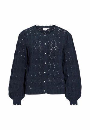 Cardigan en tricot bleu marine avec motif en dentelle, boutons semblables à des perles sur le devant, poignets côtelés et encolure ronde.