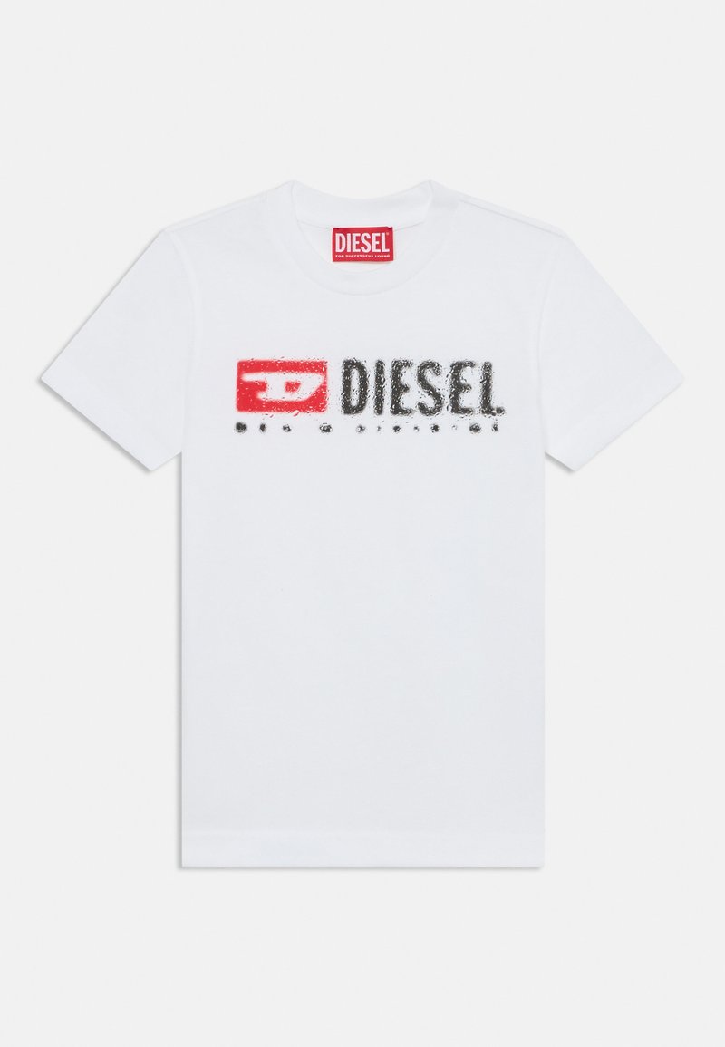 Hvit bomulls T-skjorte med et flerfarget "DIESEL"-logo i svart og rødt, med rund hals og korte ermer.